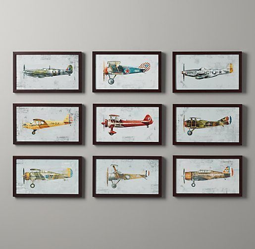 Vintage airplane picture collage on a playroom wall