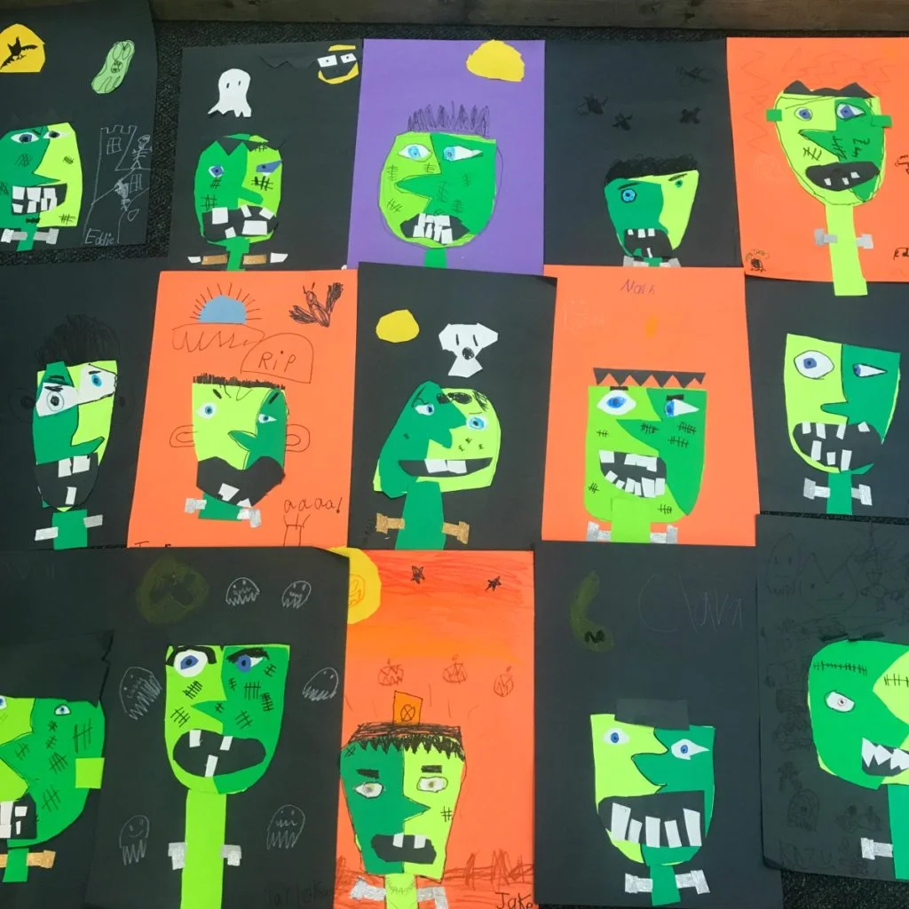 Completed Picasso Inspired Frankenstein Halloween Kids Craft with multiple examples
