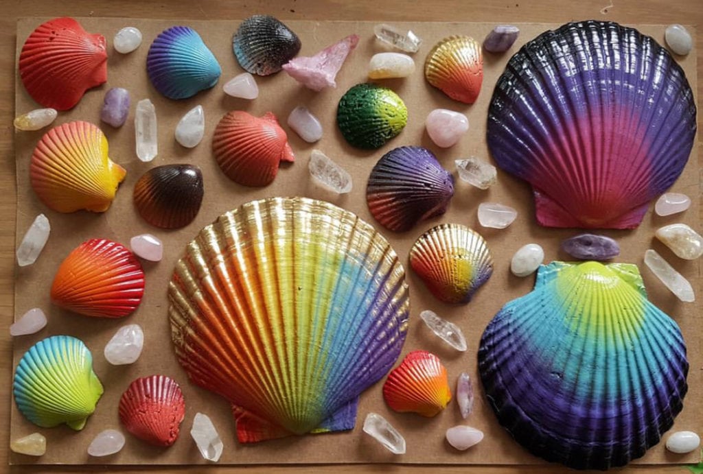 Rainbow painted seashell art