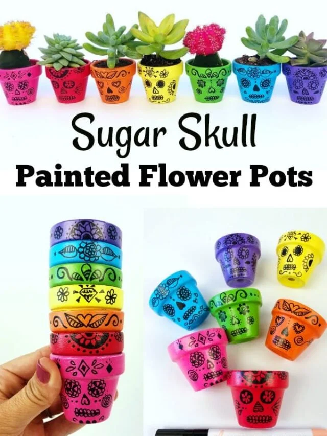 Sugar Skull Painted Flower Pots. Day of the Dead craft.