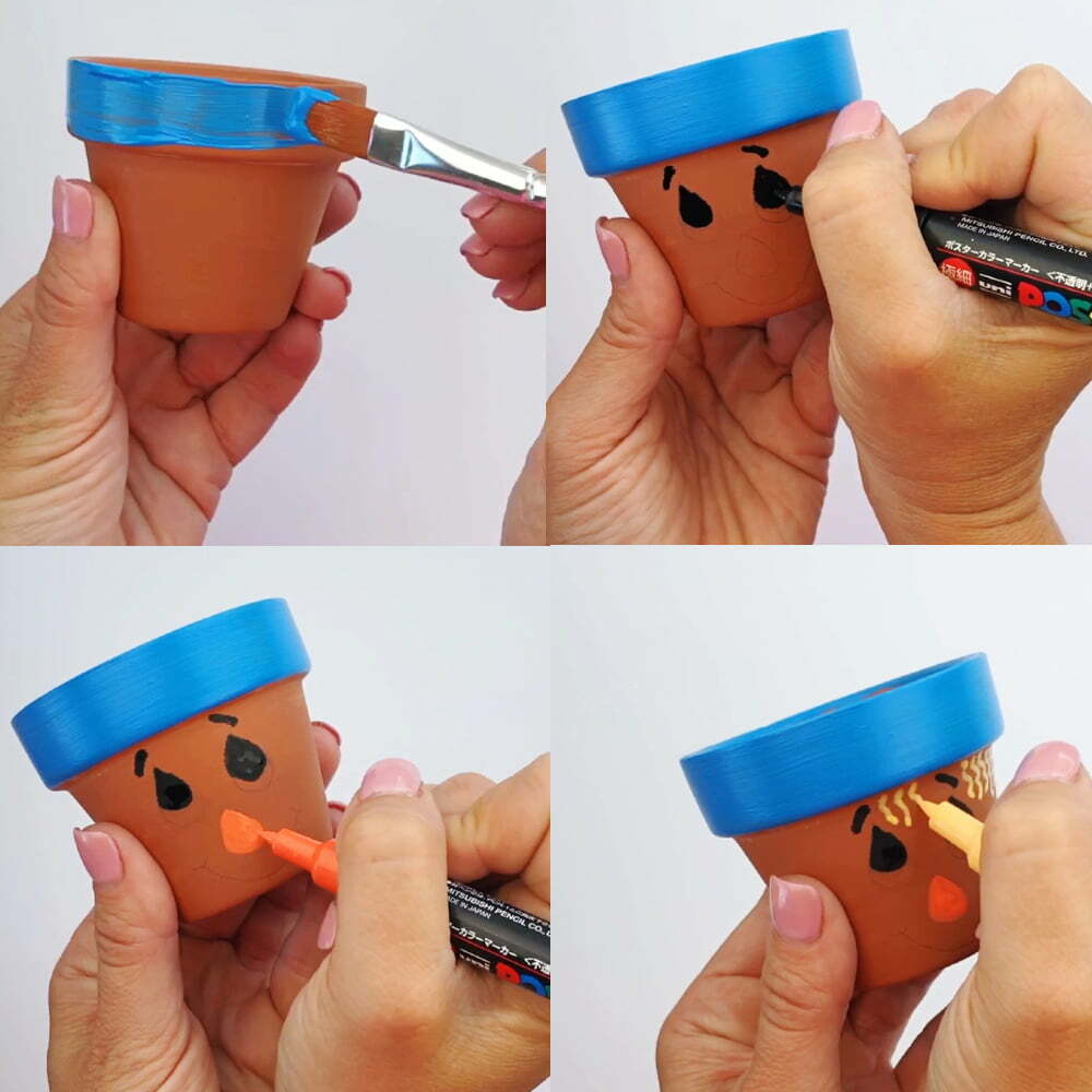 Scarecrow Flower Pot Craft painting steps: first the top, then add the eyes, face, and details