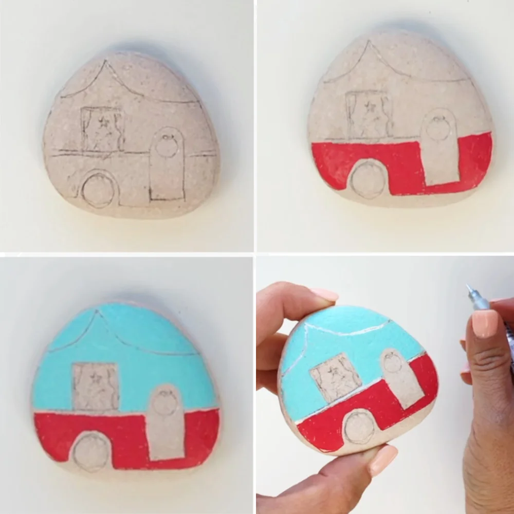 How to make vintage camper themed Christmas Painted Rocks. This picture has four panels. 1. the sketch on the rock. 2. The bottom part is painted red, leaving the door and wheel white. 3. The top is painted blue, leaving the door and window white. 4. The details are being filled in with paint markers.