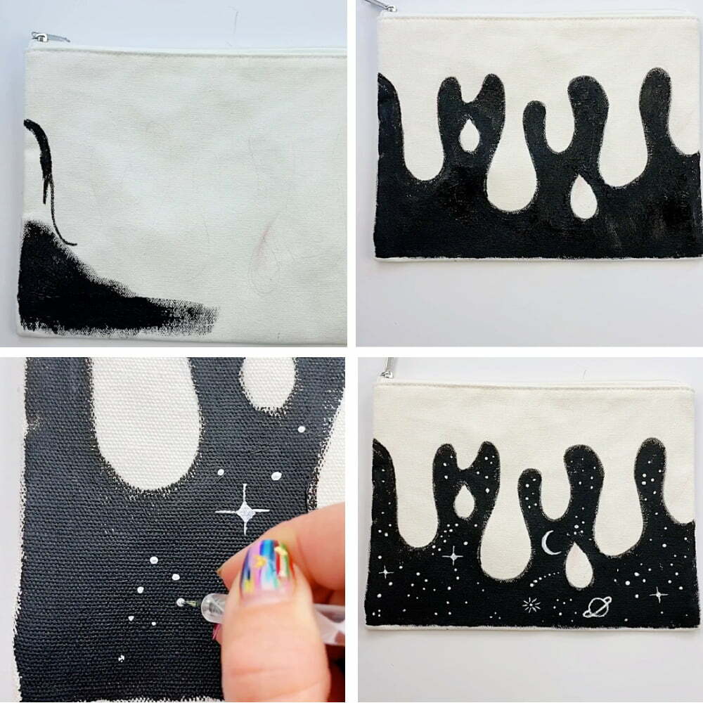 Step by step instructions for creating the design The black is painted on first for the galax and a paint pen is used for the stars.
