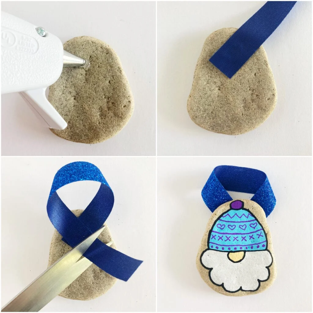 Christmas Gnome Painted Rock Ornaments Tutorial for adding the ribbon - first add hot glue. Next, glue the end of the ribbon. Third, create a loop and glue down the end. Then trim off excess and you're done!