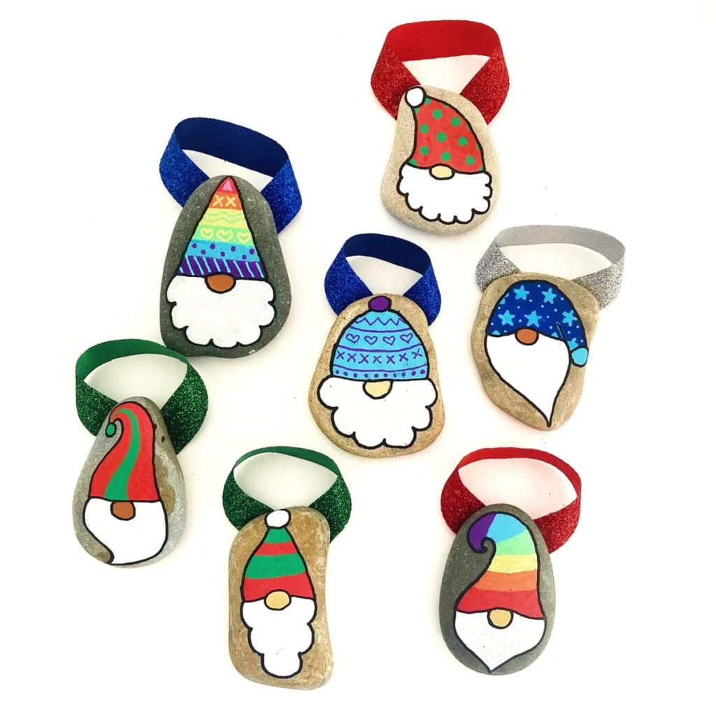 Christmas Gnome Painted Rock Ornaments Tutorial
