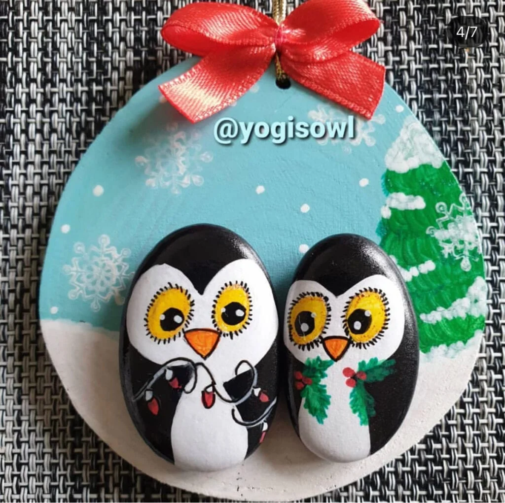 Penguin Christmas rock painting idea