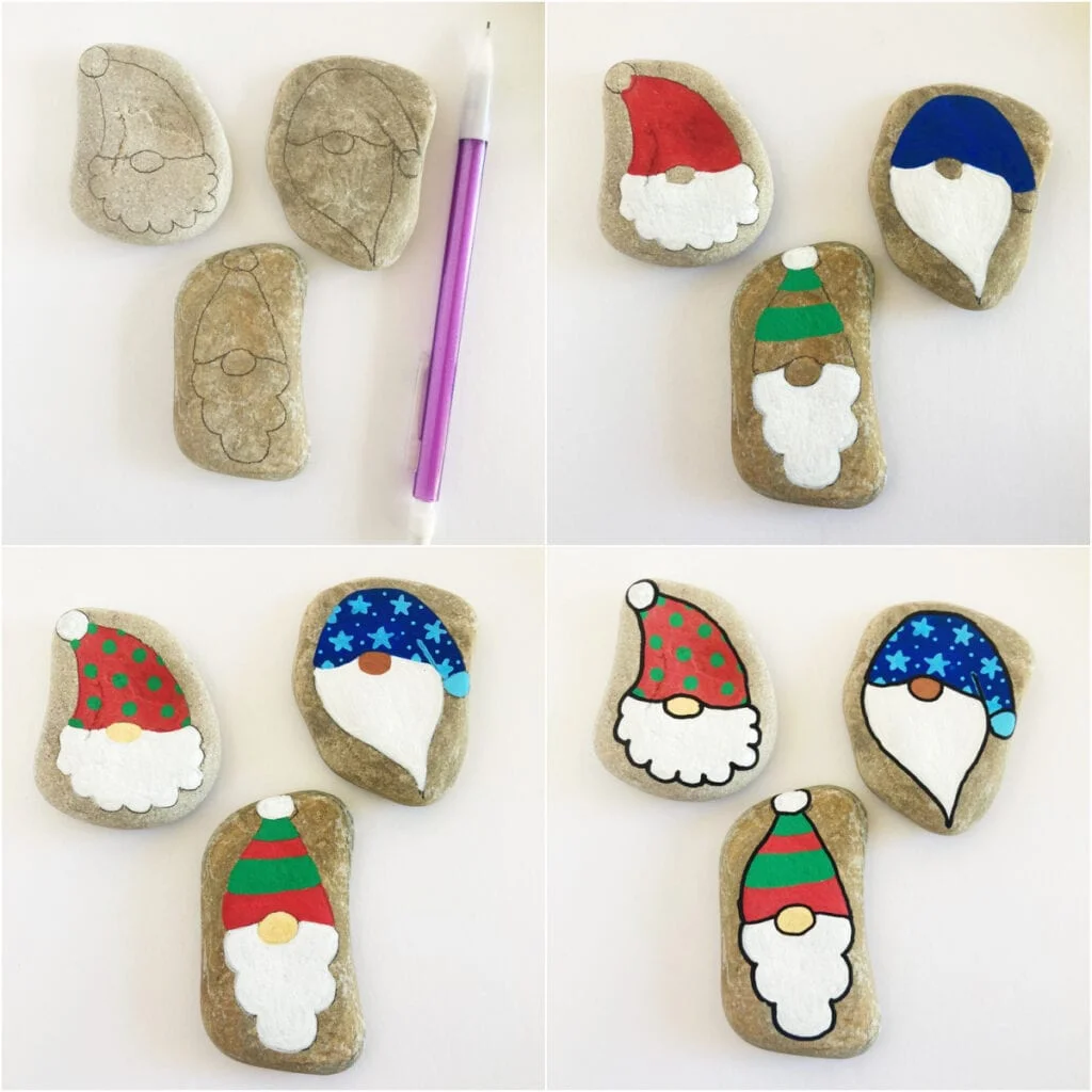 How to paint Christmas gnomes onto rocks - first draw an outline with pencil, then do the base colors. Once they're dry, add details and outline with paint markers.