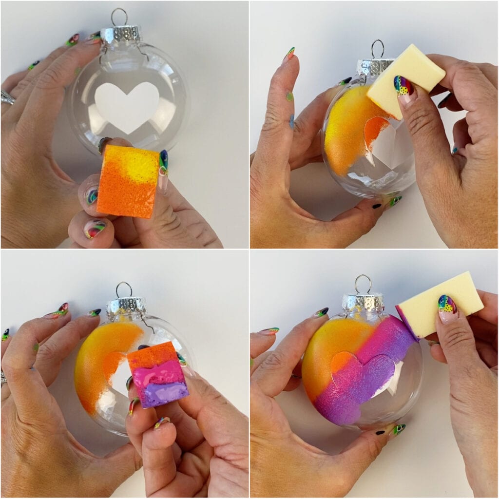 Painting a Lisa Frank design on a Christmas ornament with a make up sponge