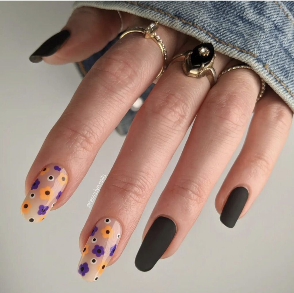 Easy Halloween Nails with florals and solid black