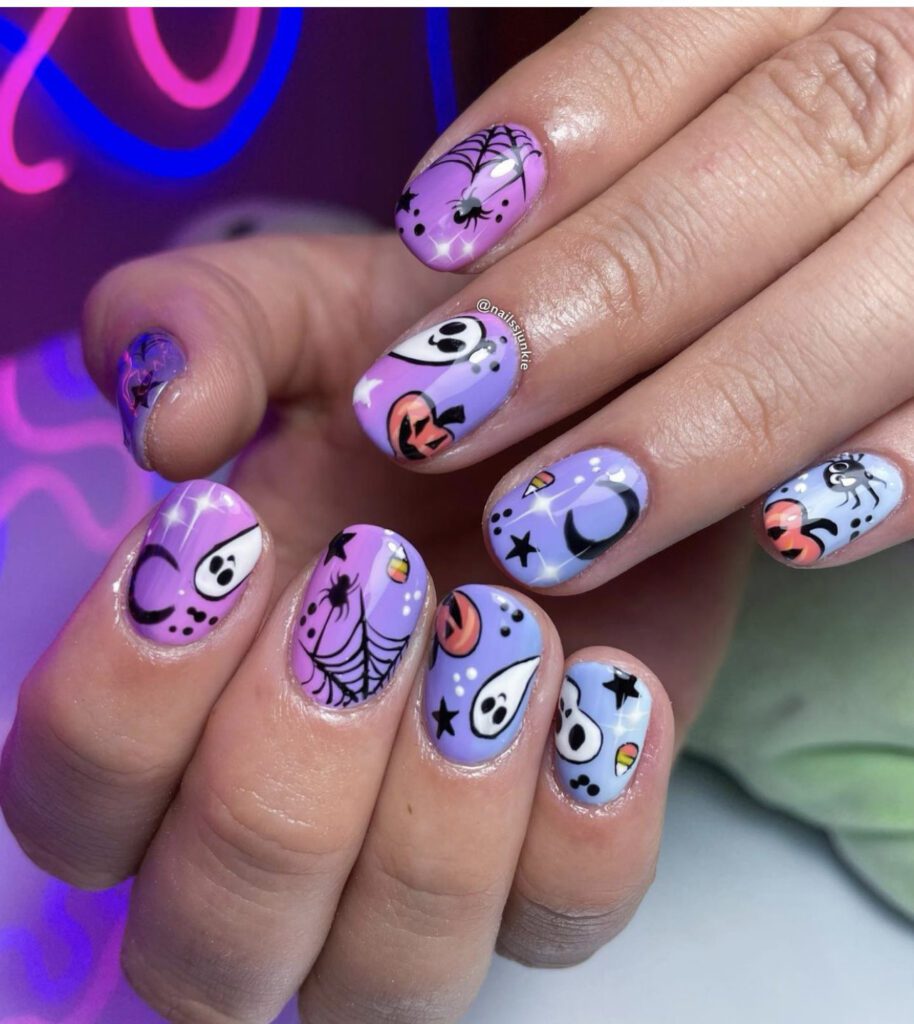 Purple Nails With Spooky Designs