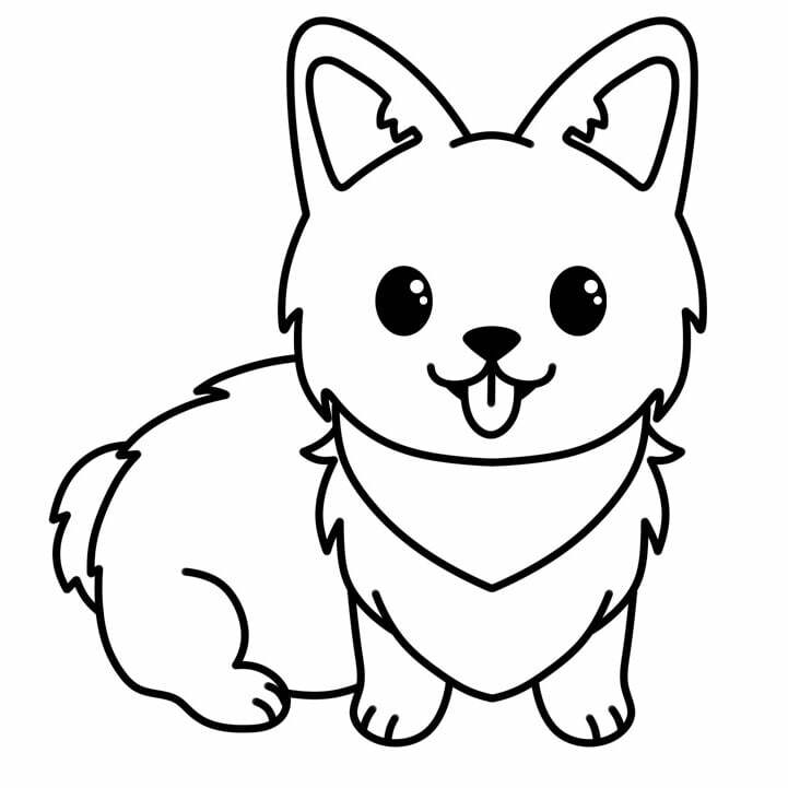 How to Draw a Cute Dog step 6 where a bandana is added around the dog's neck and the sticking out tongue is drawn