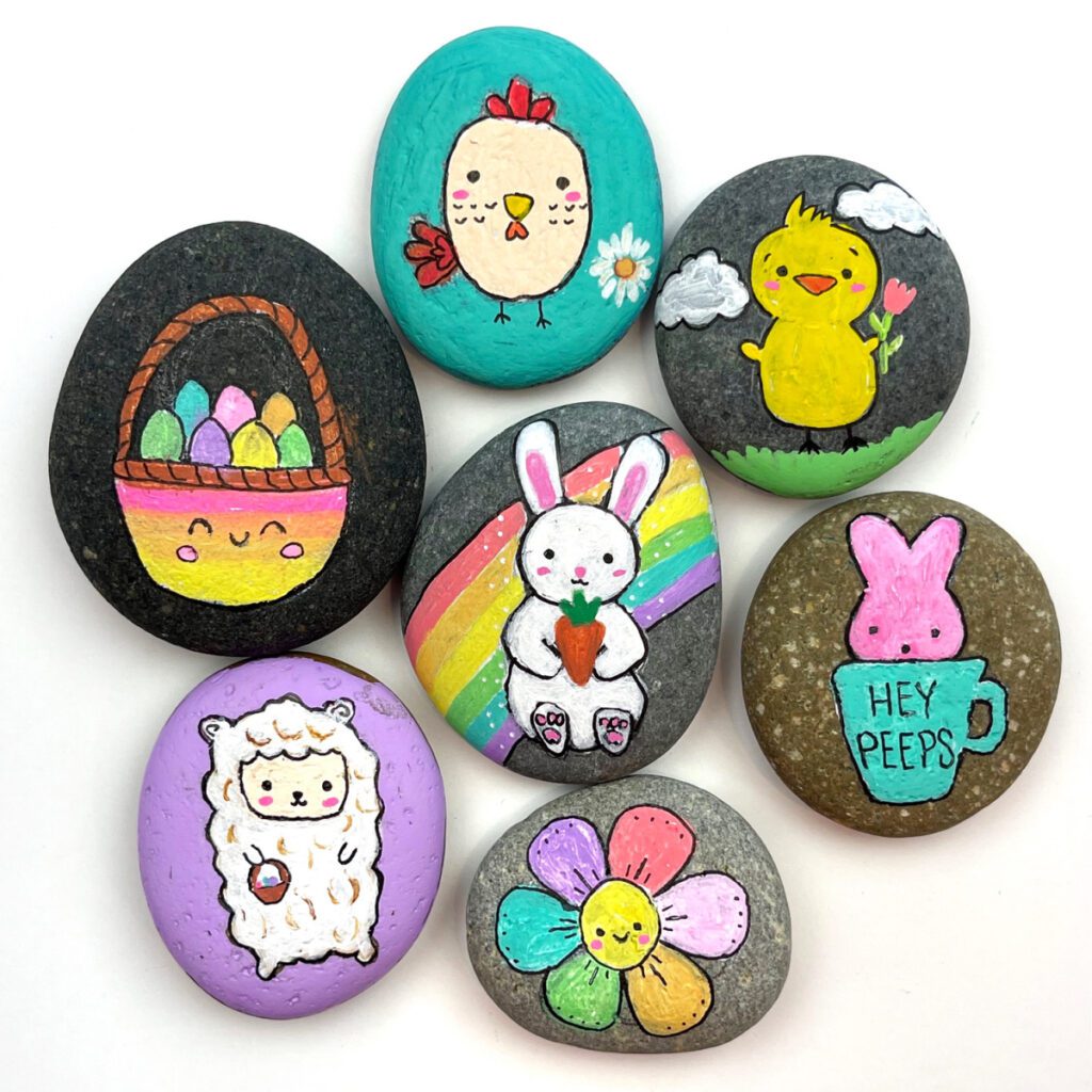 Easter Painted Rock Ideas - There are 6 painted rocks with different designs