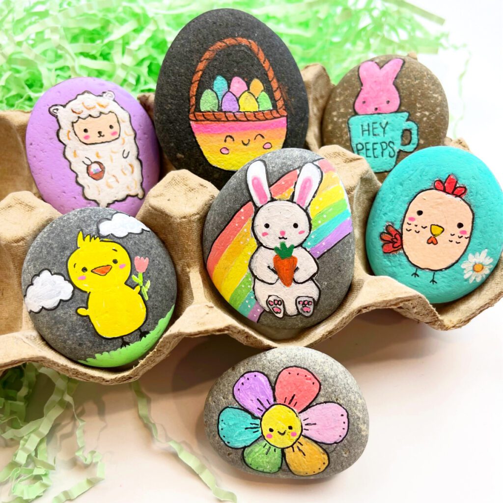 Easter Painted Rocks in an egg carton
