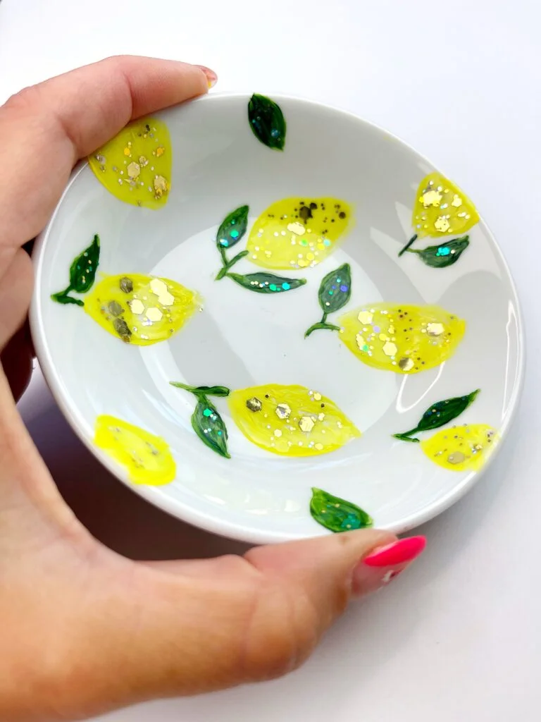 Glitter paint on ceramic ring dish