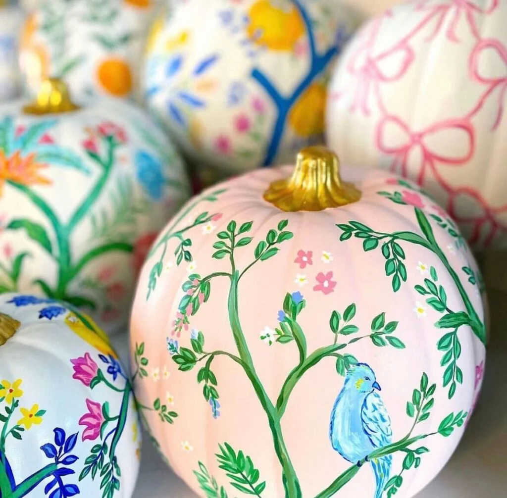 Painted pumpkin with bird design