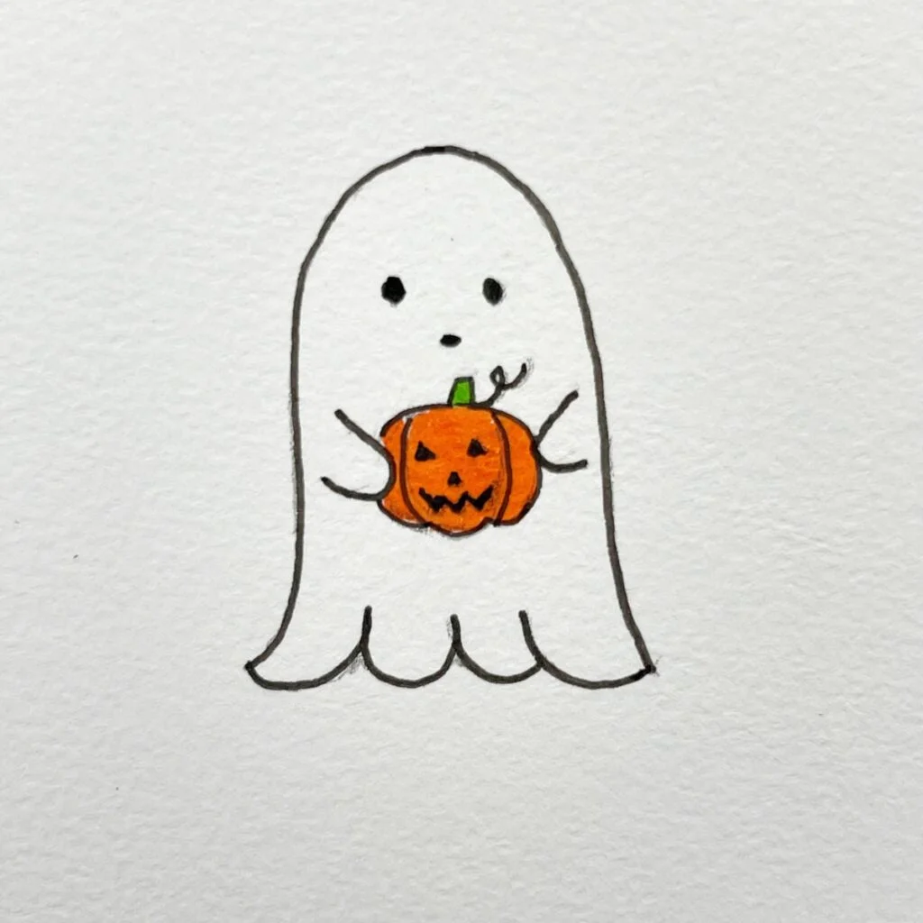 Halloween ghost holding a pumpkin