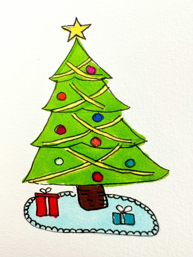 Christmas tree drawing with decorations