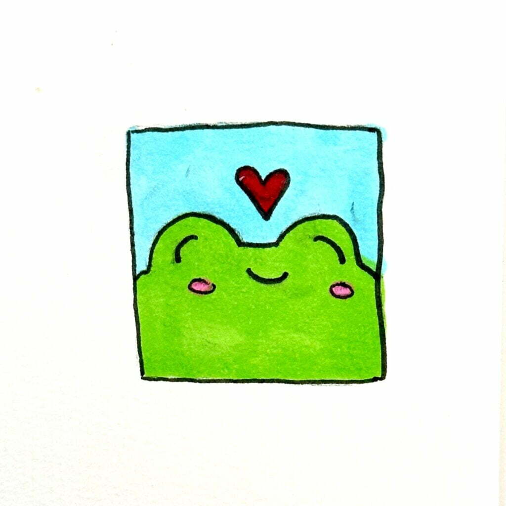 Happy frog drawing with a heart over its head