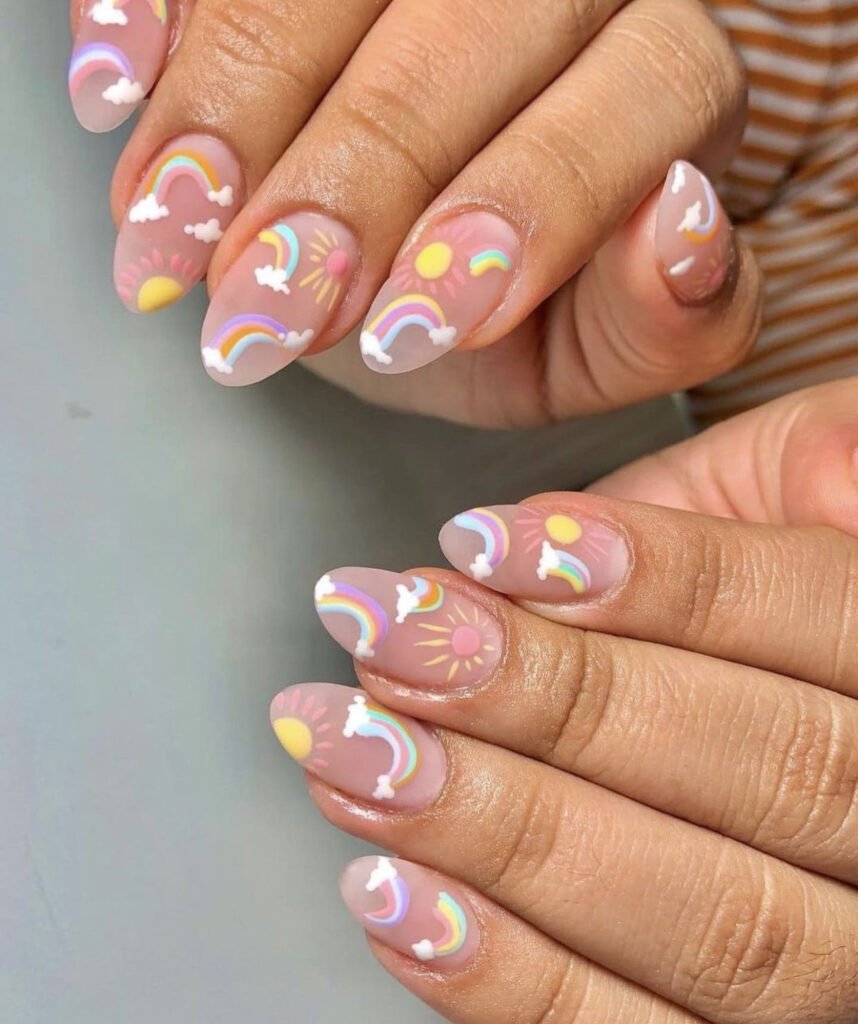 Cute rainbow and sun nail art idea