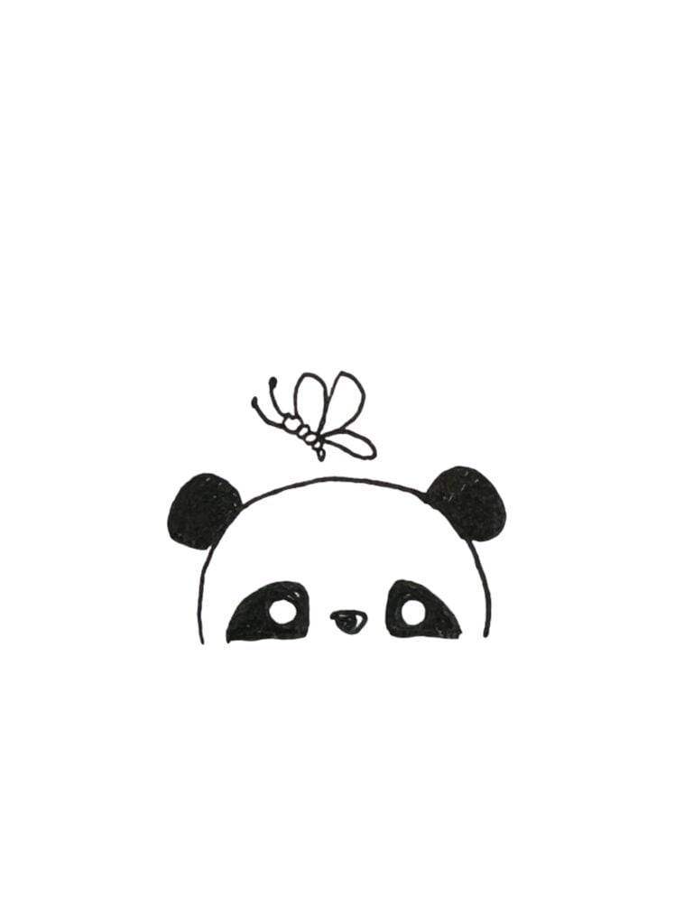Panda drawing with a butterfly landing on its head.