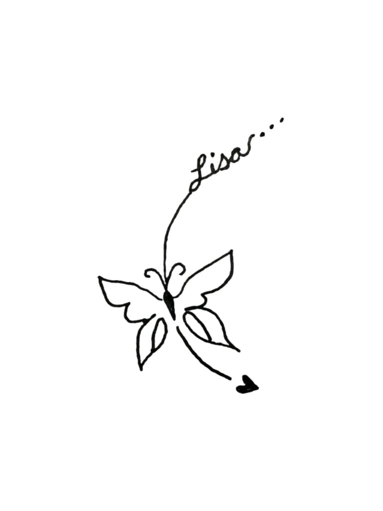 Drawing of a butterfly that appears to be whispering someone's name.