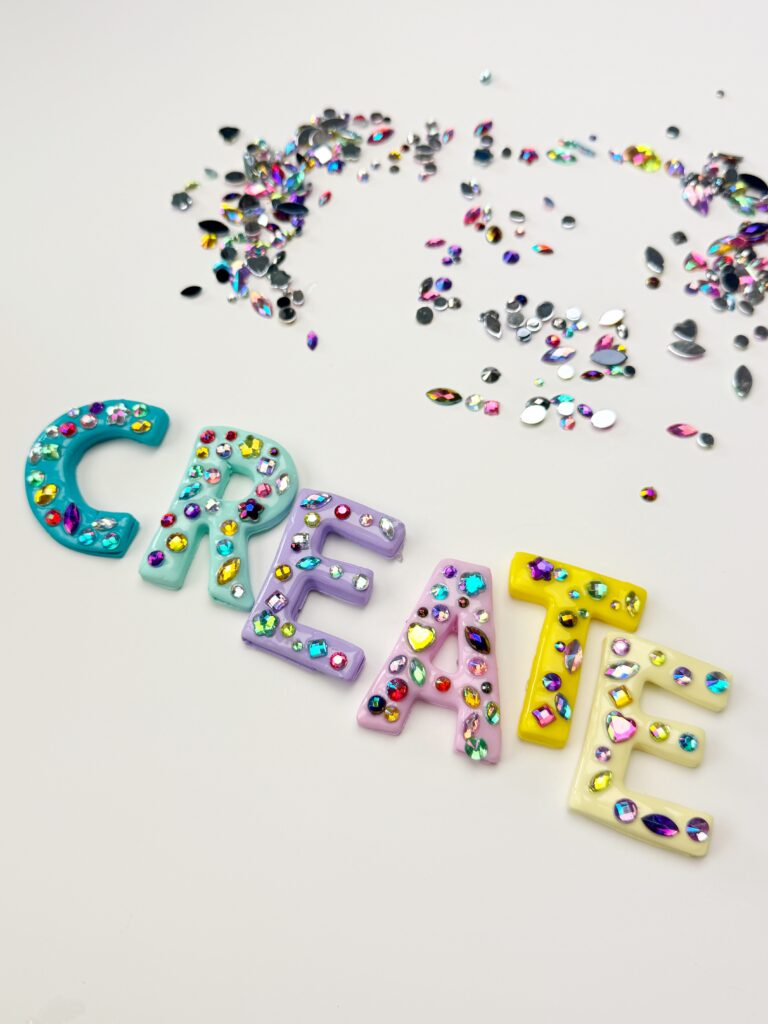 polymer clay letters covered in rhinestones